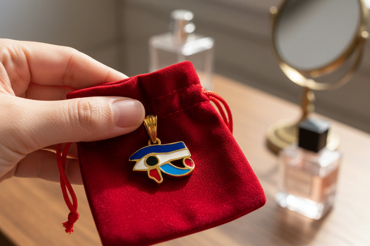Gold Eye of Horus Pendant, Enamel Egyptian Protection Necklace