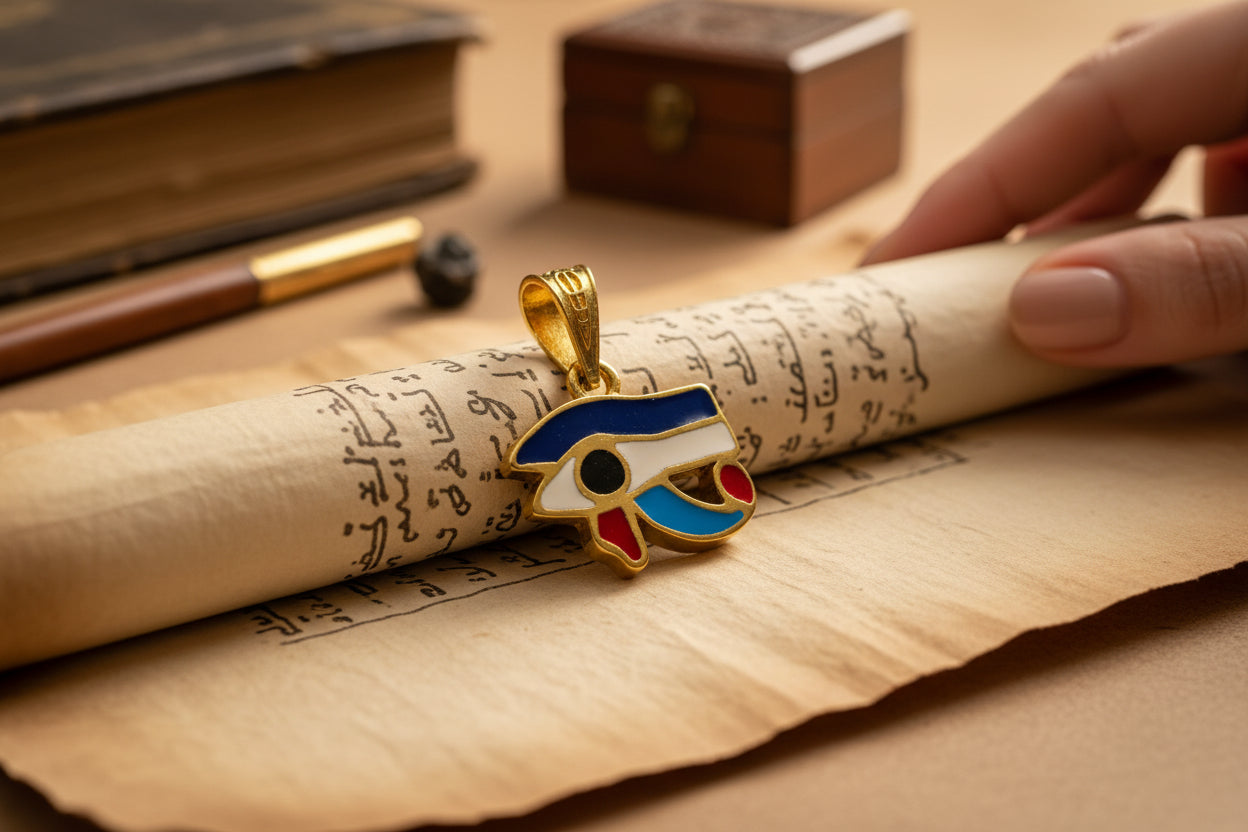 Gold Eye of Horus Pendant, Enamel Egyptian Protection Necklace
