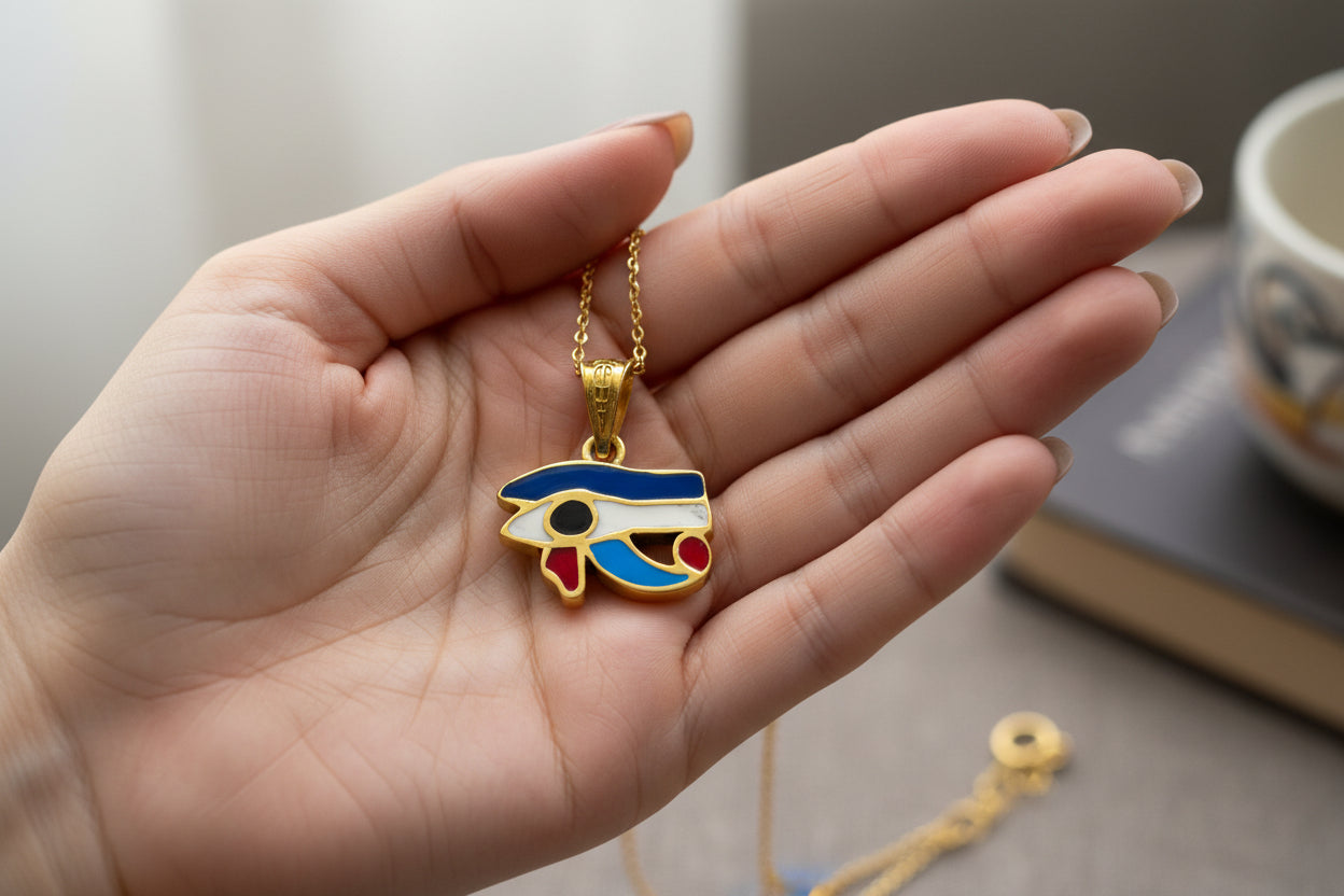 Gold Eye of Horus Pendant, Enamel Egyptian Protection Necklace