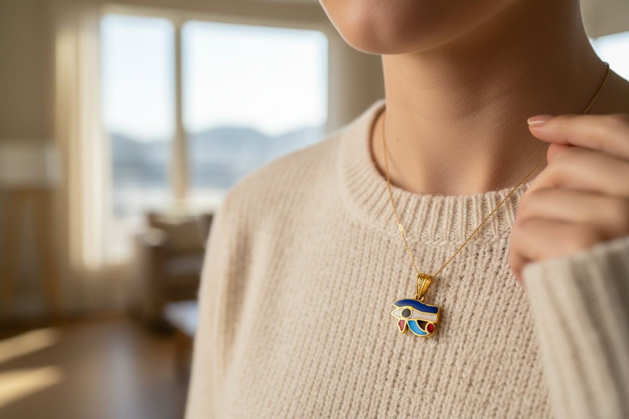 Gold Eye of Horus Pendant, Enamel Egyptian Protection Necklace