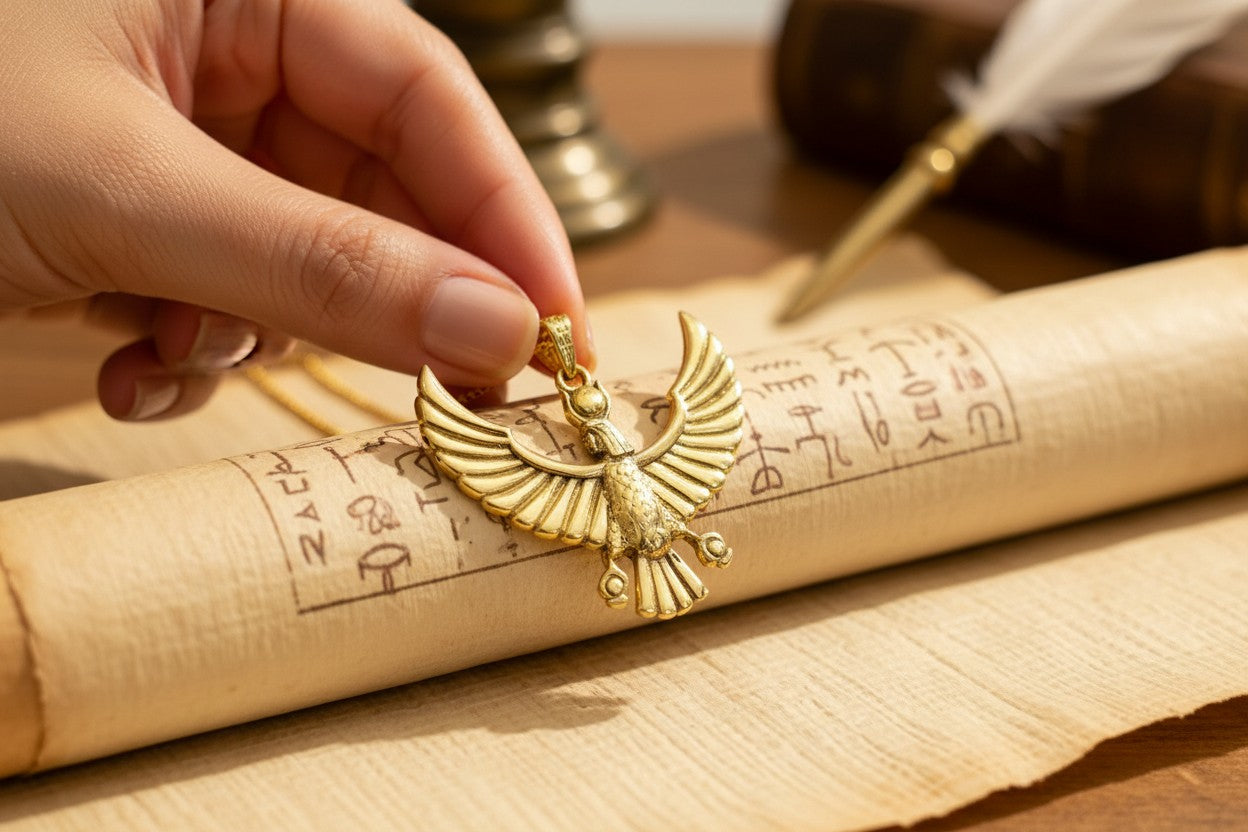 Gold Ba Bird Necklace, Ancient Egyptian Soul Symbol Pendant, Spiritual Talisman Jewelry, Egyptian Gift for Him Her