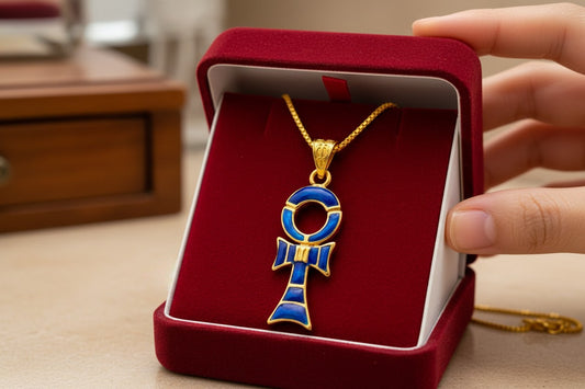 Gold Ankh Necklace, Dark Blue Sparkle Opal Pendant, Egyptian Key of Life