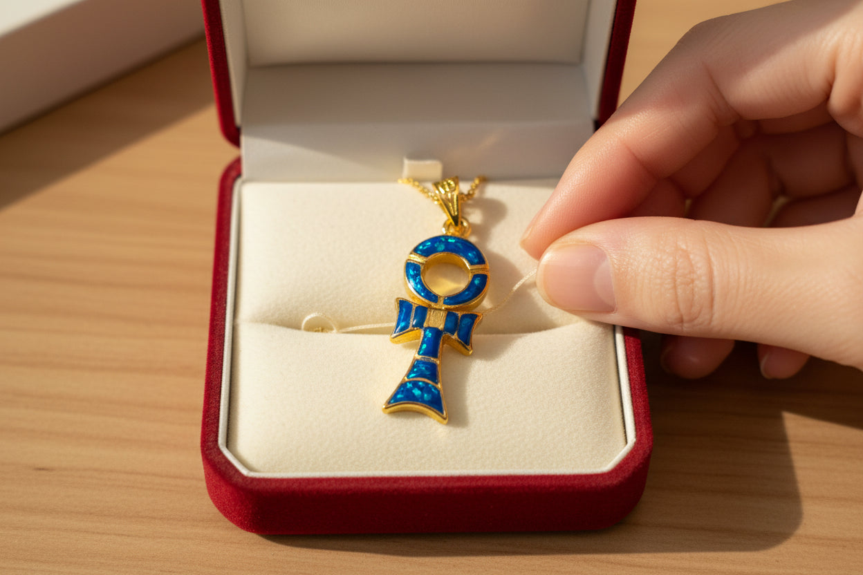 Gold Ankh Necklace, Dark Blue Sparkle Opal Pendant, Egyptian Key of Life