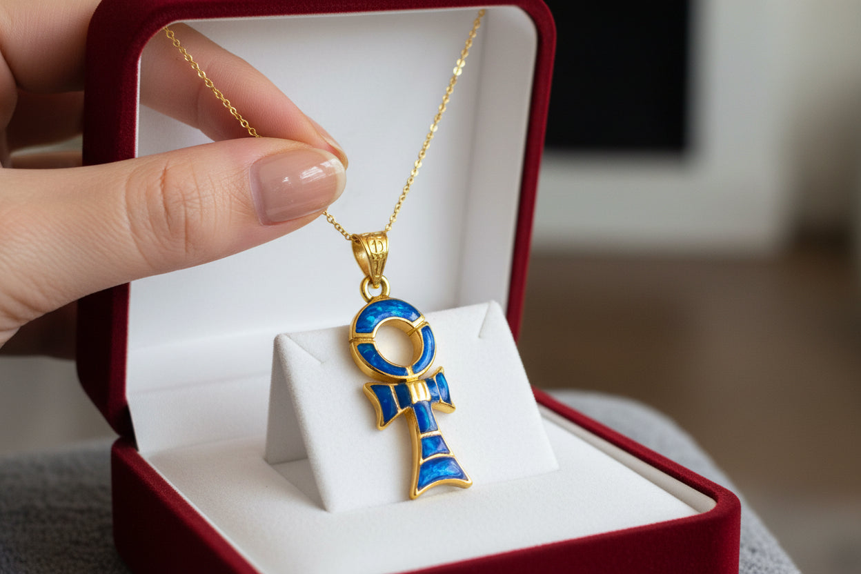 Gold Ankh Necklace, Dark Blue Sparkle Opal Pendant, Egyptian Key of Life