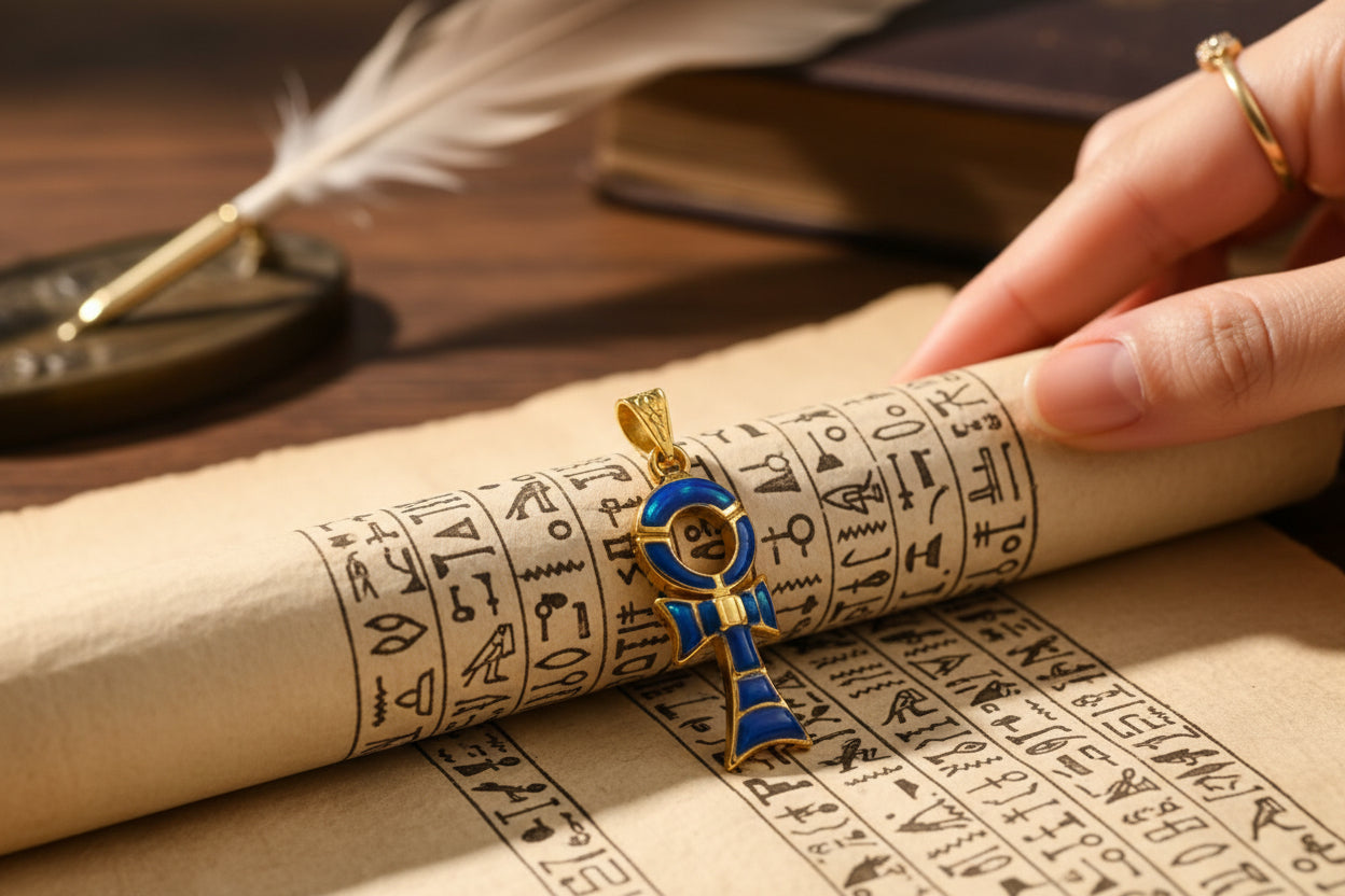 Gold Ankh Necklace, Dark Blue Sparkle Opal Pendant, Egyptian Key of Life