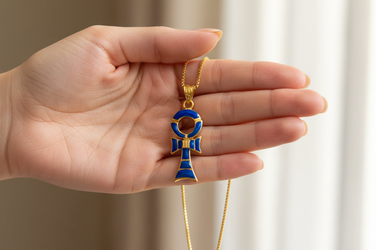 Gold Ankh Necklace, Dark Blue Sparkle Opal Pendant, Egyptian Key of Life