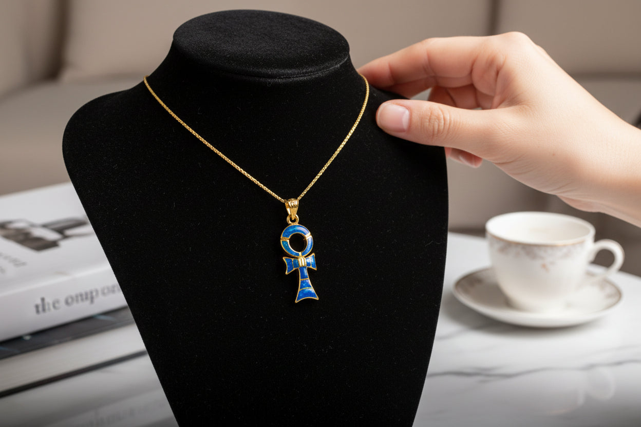 Gold Ankh Necklace, Dark Blue Sparkle Opal Pendant, Egyptian Key of Life