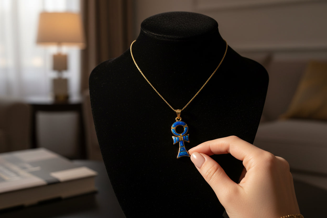 Gold Ankh Necklace, Dark Blue Sparkle Opal Pendant, Egyptian Key of Life