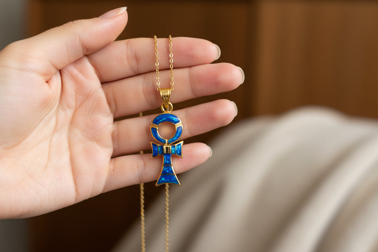 Gold Ankh Necklace, Dark Blue Sparkle Opal Pendant, Egyptian Key of Life