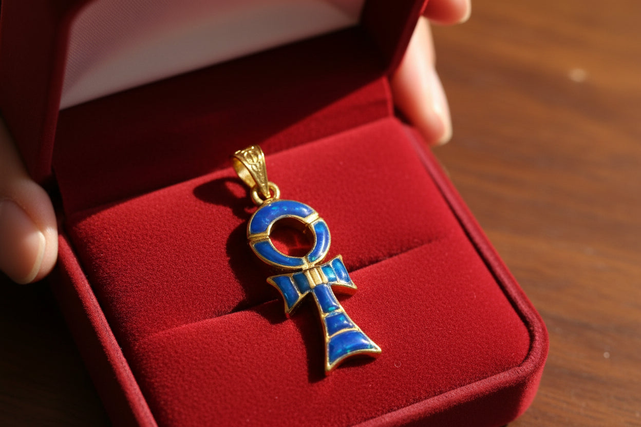 Gold Ankh Necklace, Dark Blue Sparkle Opal Pendant, Egyptian Key of Life