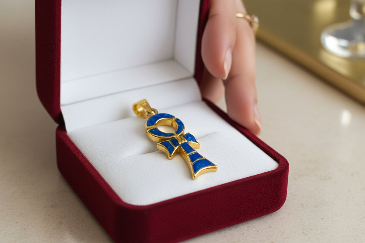 Gold Ankh Necklace, Dark Blue Sparkle Opal Pendant, Egyptian Key of Life