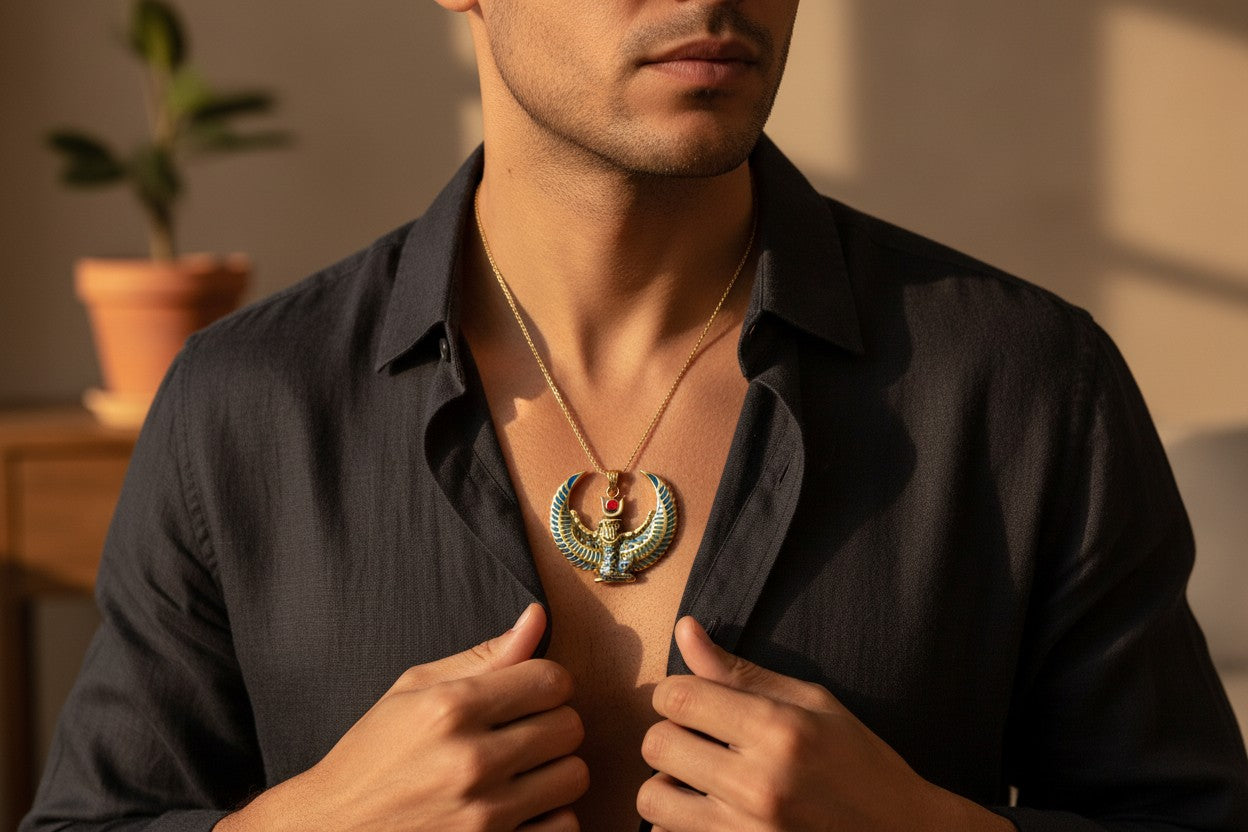 Large Gold Winged Goddess Isis Pendant Necklace, Winged Egyptian Goddess, Egyptian Jewelry, Divine Pendant, Gift for Men and Women