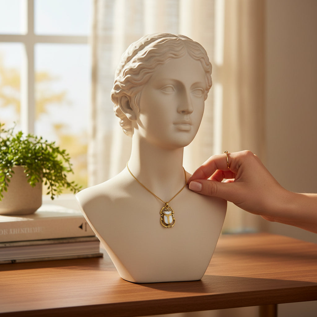 Gold Scarab Pendant Necklace, Mother of Pearl Egyptian Revival Jewelry