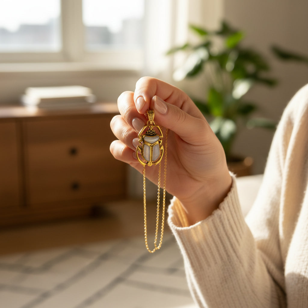 Gold Scarab Pendant Necklace, Mother of Pearl Egyptian Revival Jewelry