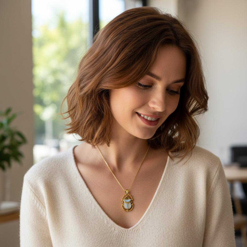 Gold Scarab Pendant Necklace, Mother of Pearl Egyptian Revival Jewelry