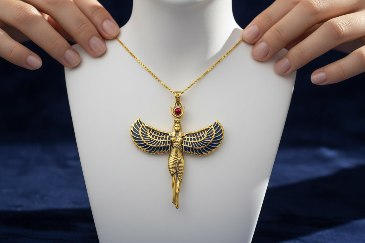 Large Gold Winged Goddess Isis Pendant Necklace, Egyptian Jewelry, Divine Gift for Men and Women