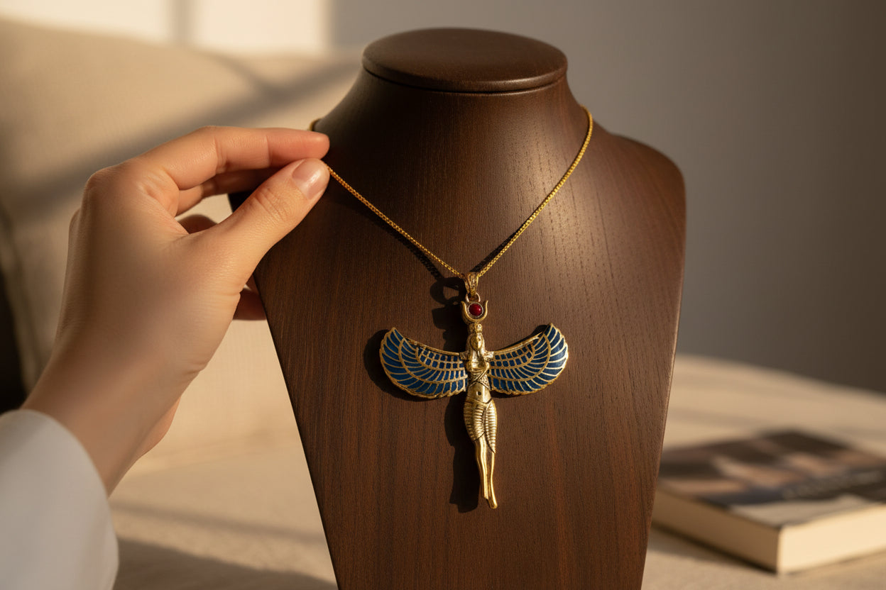Large Gold Winged Goddess Isis Pendant Necklace, Egyptian Jewelry, Divine Gift for Men and Women
