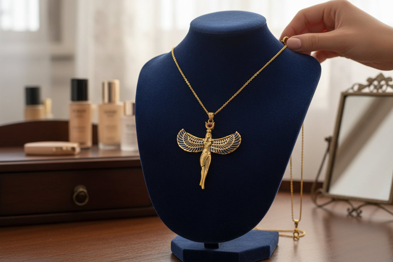 Large Gold Winged Goddess Isis Pendant Necklace, Egyptian Jewelry, Divine Gift for Men and Women