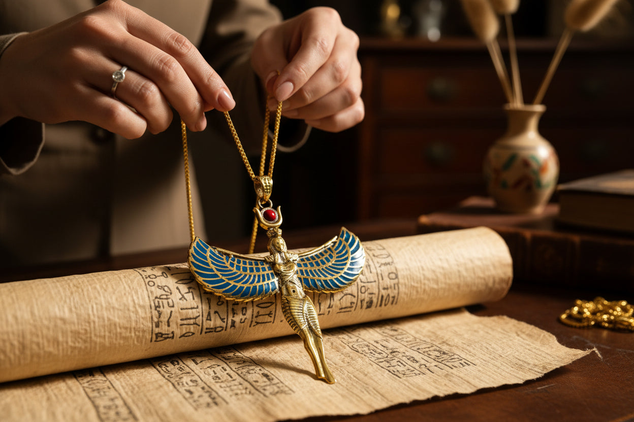 Large Gold Winged Goddess Isis Pendant Necklace, Egyptian Jewelry, Divine Gift for Men and Women