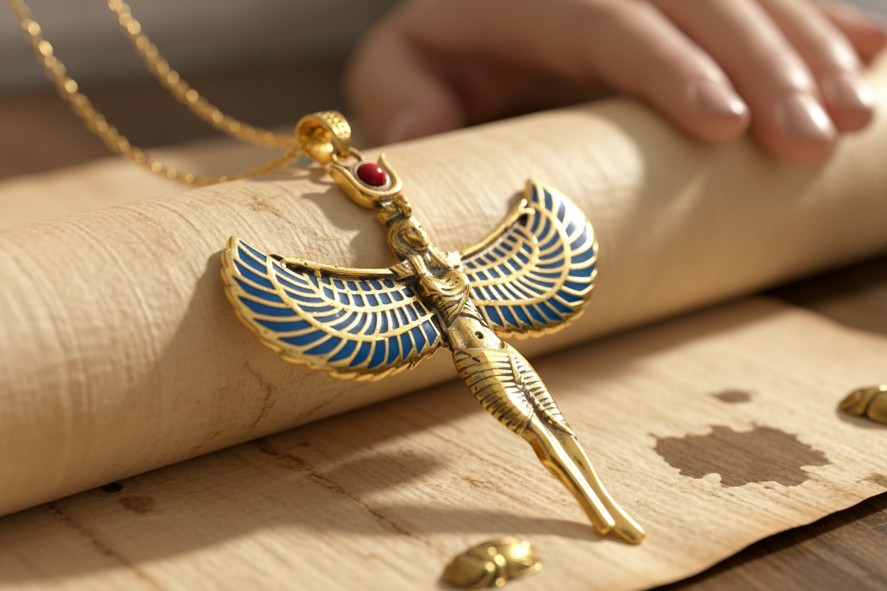 Large Gold Winged Goddess Isis Pendant Necklace, Egyptian Jewelry, Divine Gift for Men and Women