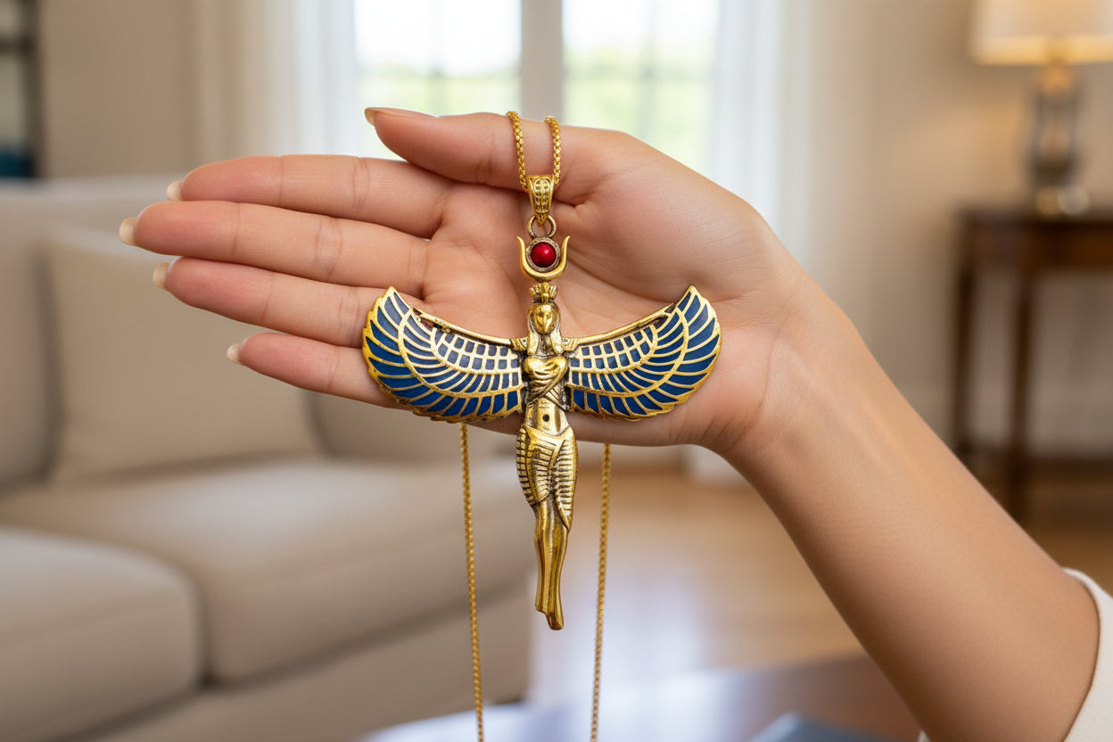 Large Gold Winged Goddess Isis Pendant Necklace, Egyptian Jewelry, Divine Gift for Men and Women