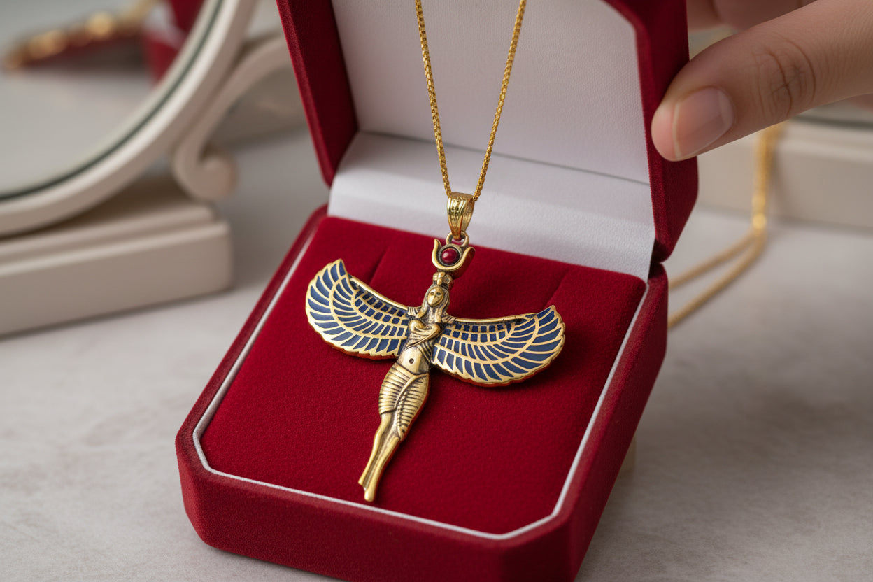 Large Gold Winged Goddess Isis Pendant Necklace, Egyptian Jewelry, Divine Gift for Men and Women