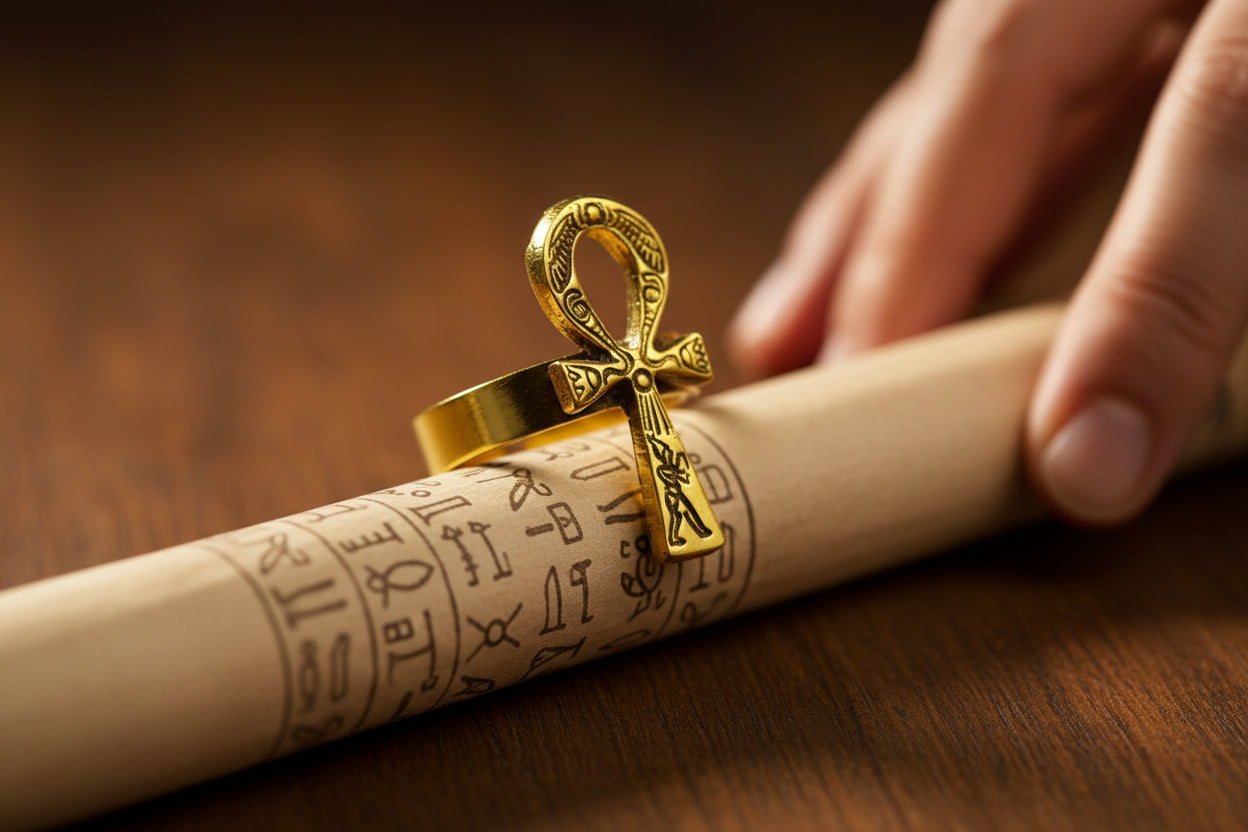 Gold Akhenaton Prayers Ankh Ring, Handmade Egyptian Talisman Gift