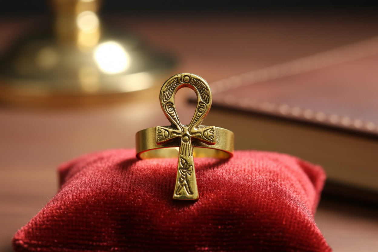 Gold Akhenaton Prayers Ankh Ring, Handmade Egyptian Talisman Gift