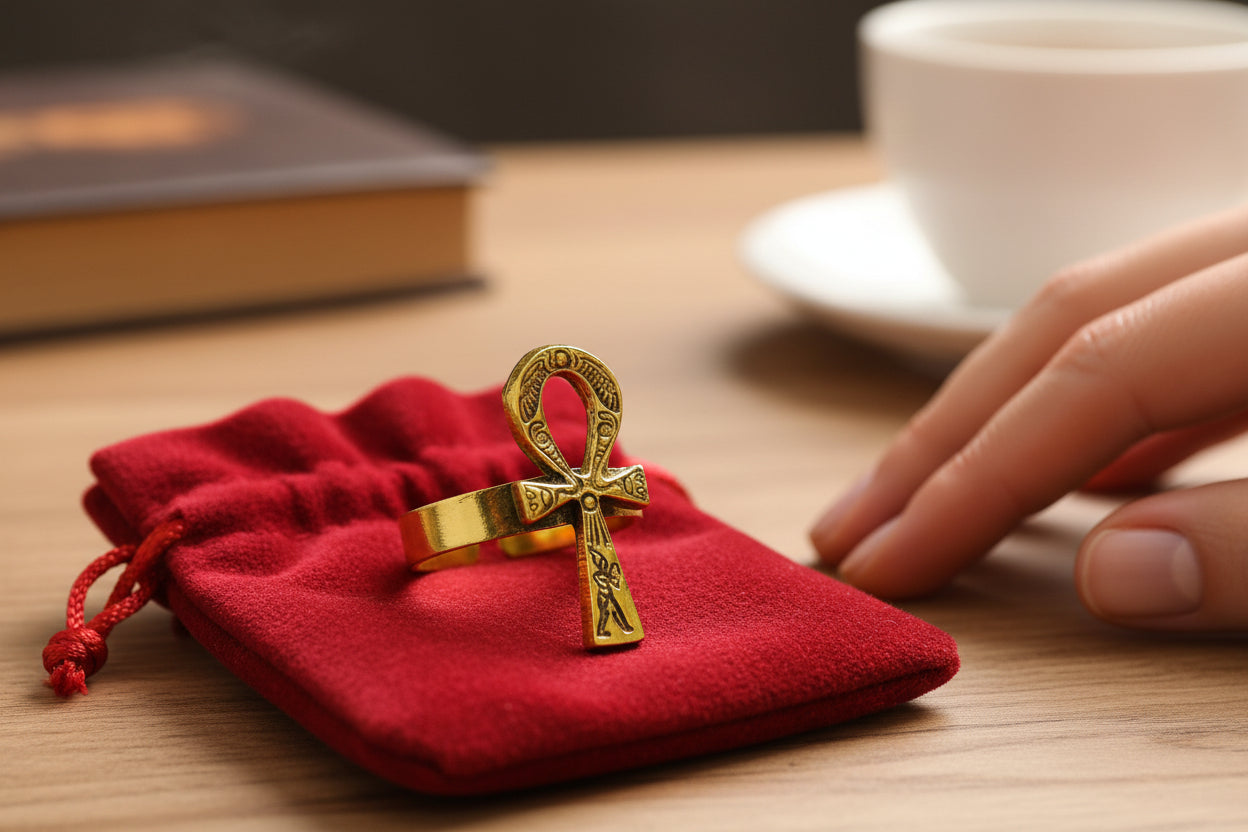 Gold Akhenaton Prayers Ankh Ring, Handmade Egyptian Talisman Gift