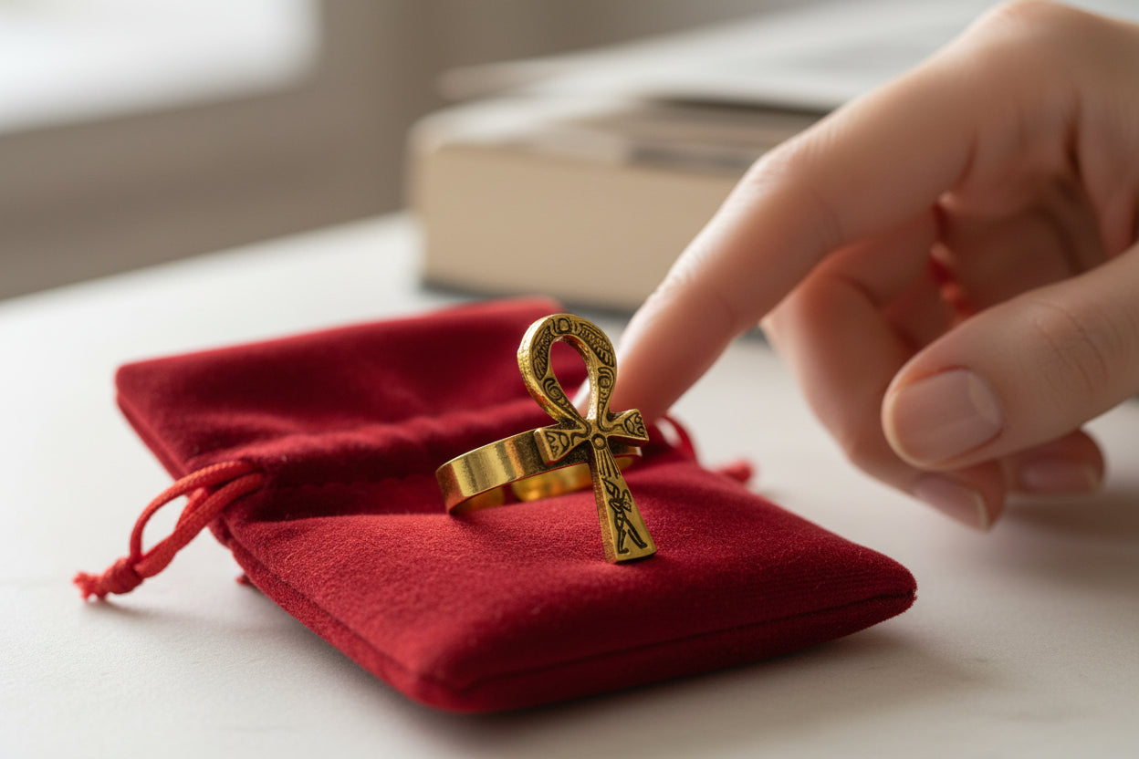 Gold Akhenaton Prayers Ankh Ring, Handmade Egyptian Talisman Gift