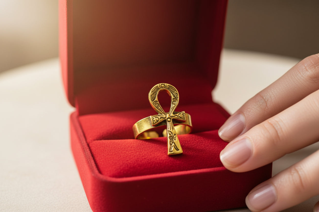 Gold Akhenaton Prayers Ankh Ring, Handmade Egyptian Talisman Gift