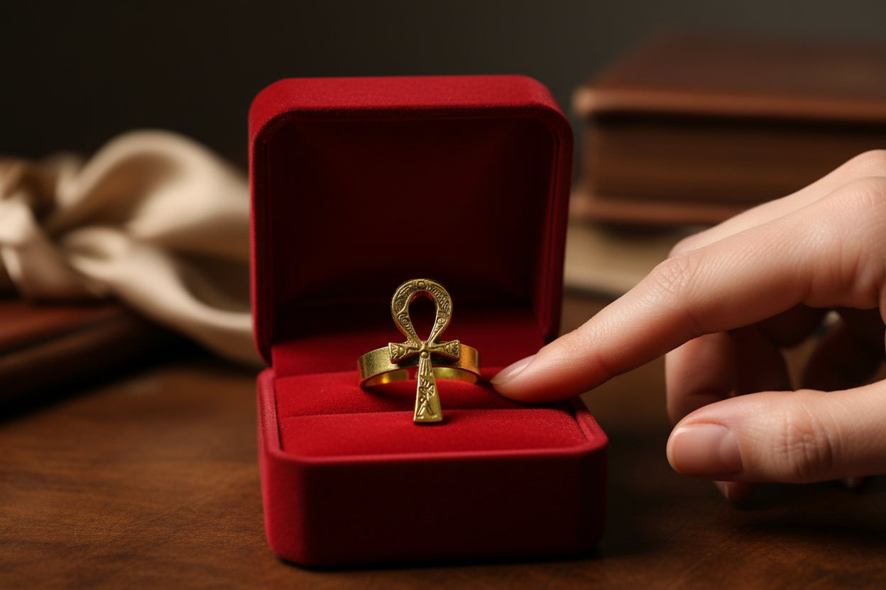 Gold Akhenaton Prayers Ankh Ring, Handmade Egyptian Talisman Gift