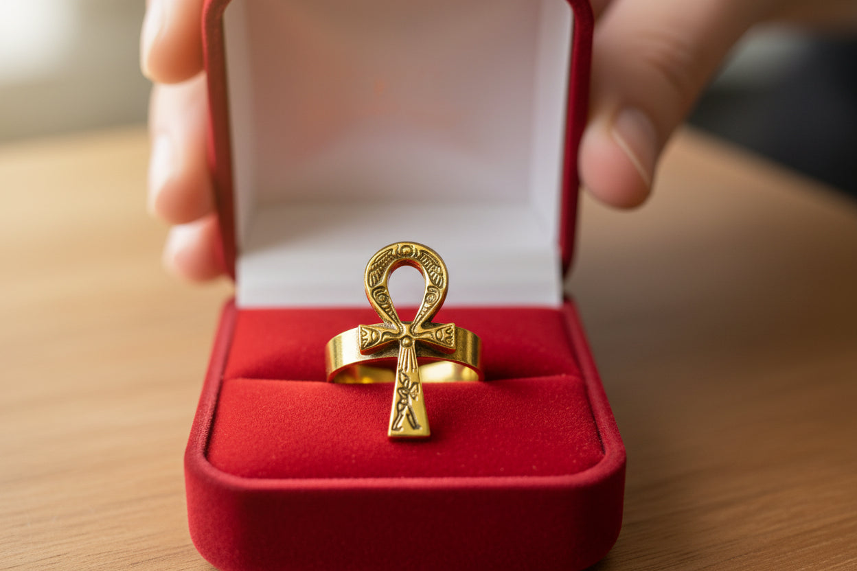 Gold Akhenaton Prayers Ankh Ring, Handmade Egyptian Talisman Gift