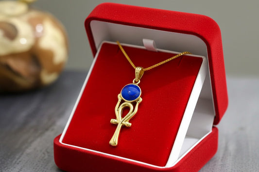 Gold Ankh Ka Sun Disk Necklace, Lapis Lazuli Egyptian Pendant, Key of Life Talisman, Spiritual Jewelry, Gift for Her