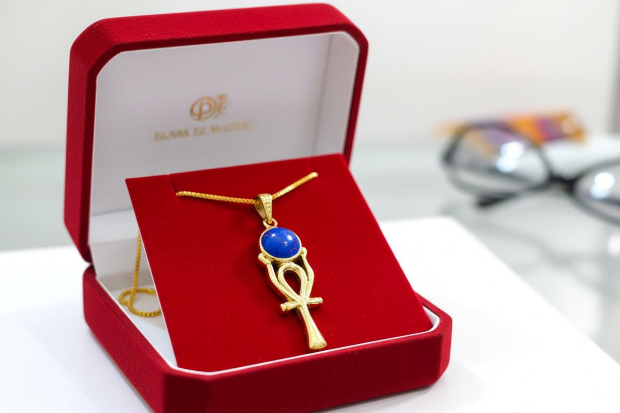 Gold Ankh Ka Sun Disk Necklace, Lapis Lazuli Egyptian Pendant, Key of Life Talisman, Spiritual Jewelry, Gift for Her