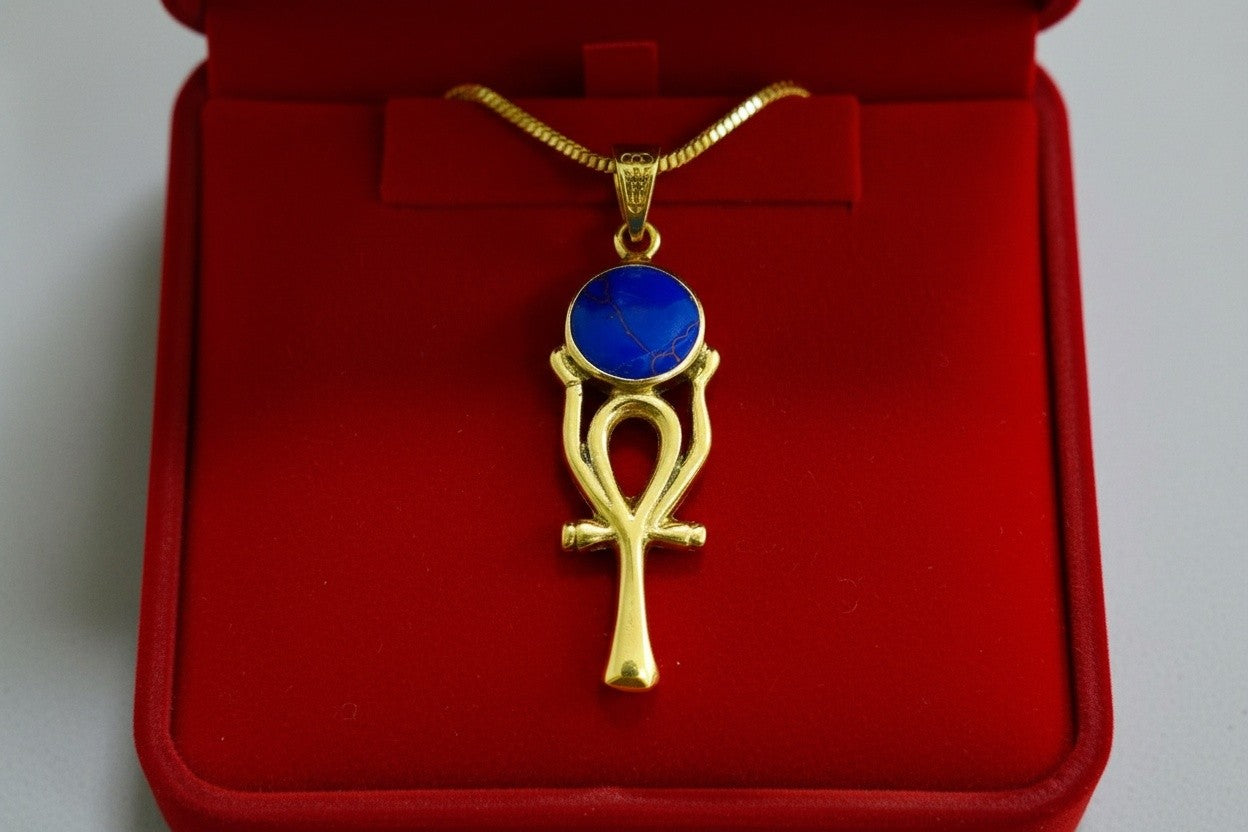 Gold Ankh Ka Sun Disk Necklace, Lapis Lazuli Egyptian Pendant, Key of Life Talisman, Spiritual Jewelry, Gift for Her
