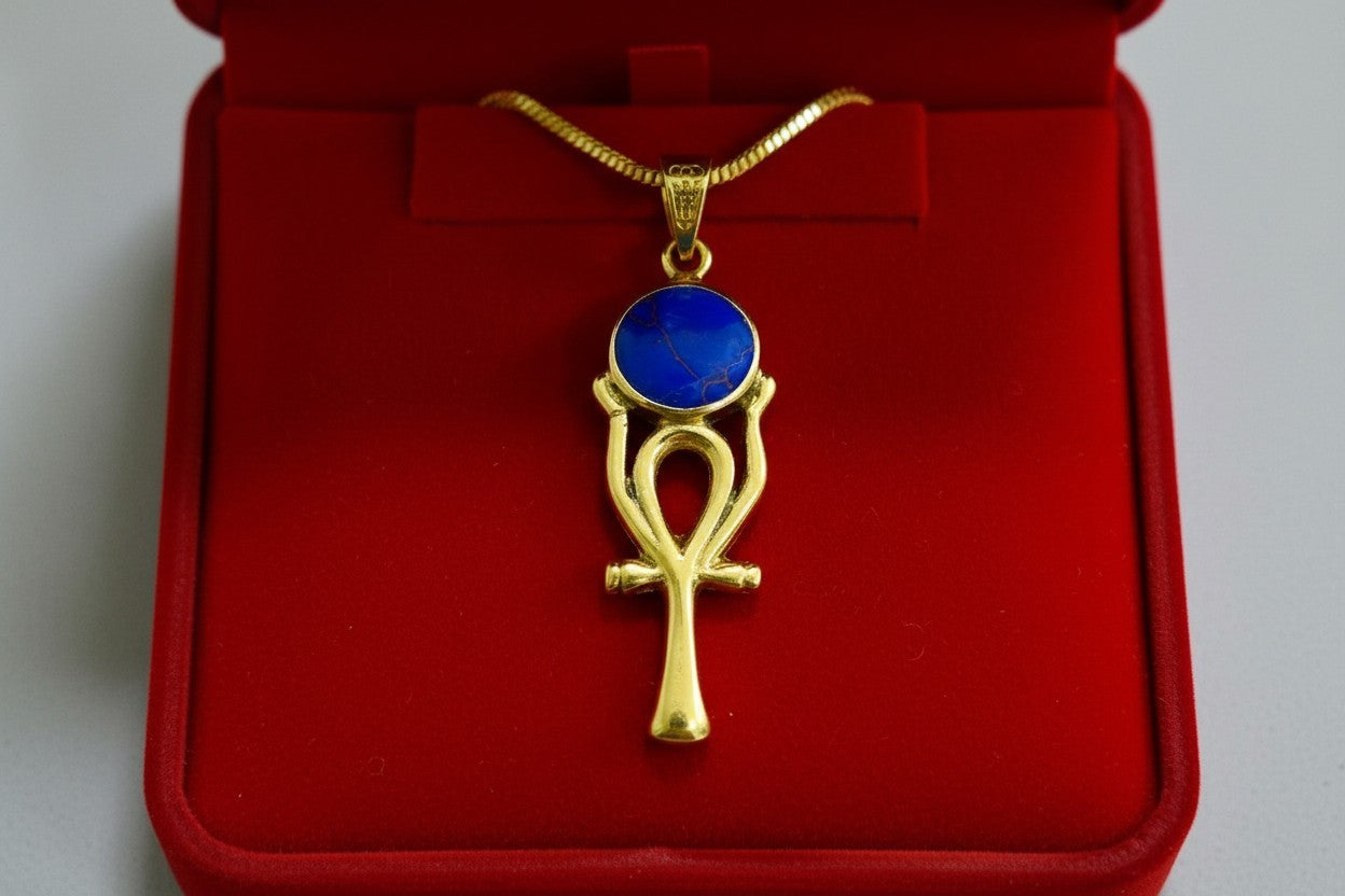 Gold Ankh Ka Sun Disk Necklace, Lapis Lazuli Egyptian Pendant, Key of Life Talisman, Spiritual Jewelry, Gift for Her