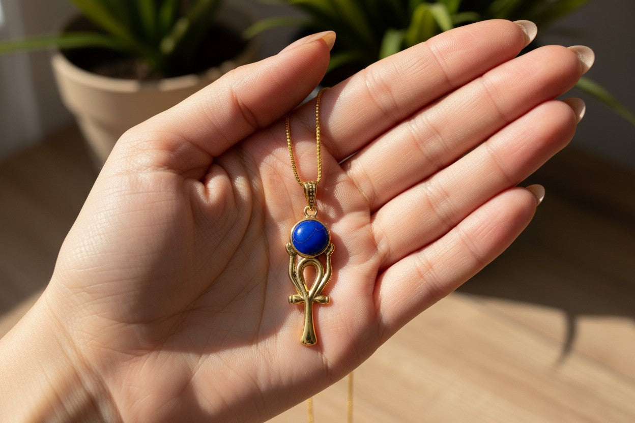 Gold Ankh Ka Sun Disk Necklace, Lapis Lazuli Egyptian Pendant, Key of Life Talisman, Spiritual Jewelry, Gift for Her