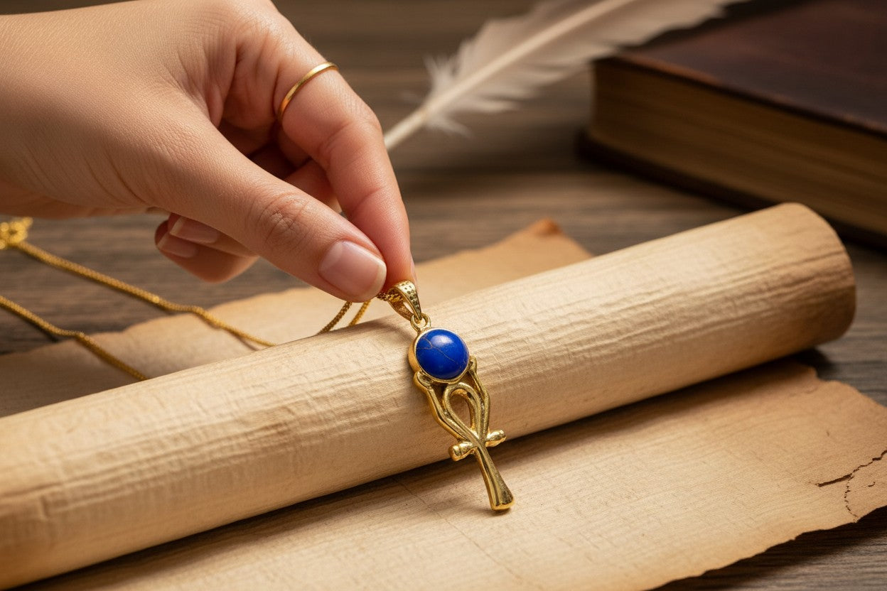 Gold Ankh Ka Sun Disk Necklace, Lapis Lazuli Egyptian Pendant, Key of Life Talisman, Spiritual Jewelry, Gift for Her