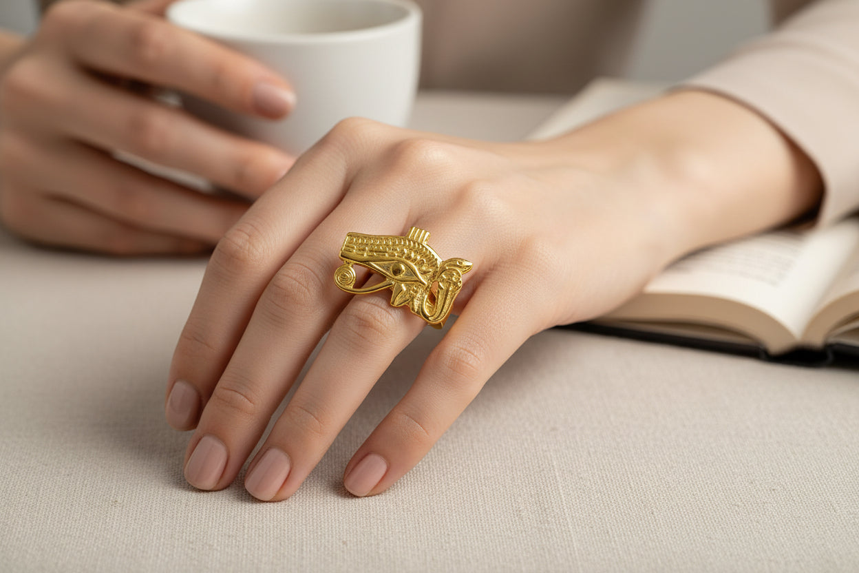 Gold Wadjet Ring, Eye of Horus Talisman, Egyptian Amulet