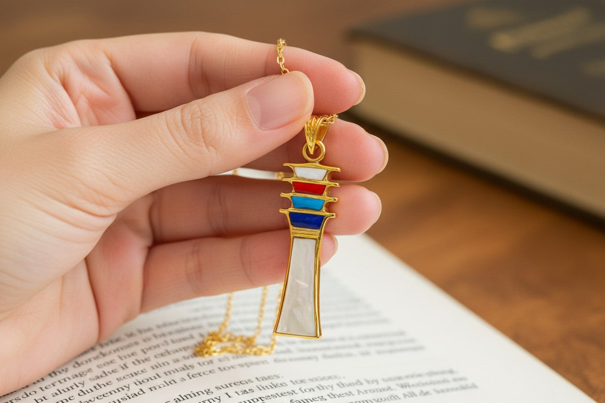 Mother of Pearl Djed Pillar Pendant, Gold Egyptian Revival Necklace