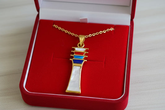 Mother of Pearl Djed Pillar Pendant, Gold Egyptian Revival Necklace