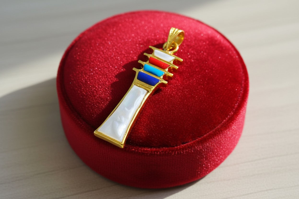 Mother of Pearl Djed Pillar Pendant, Gold Egyptian Revival Necklace