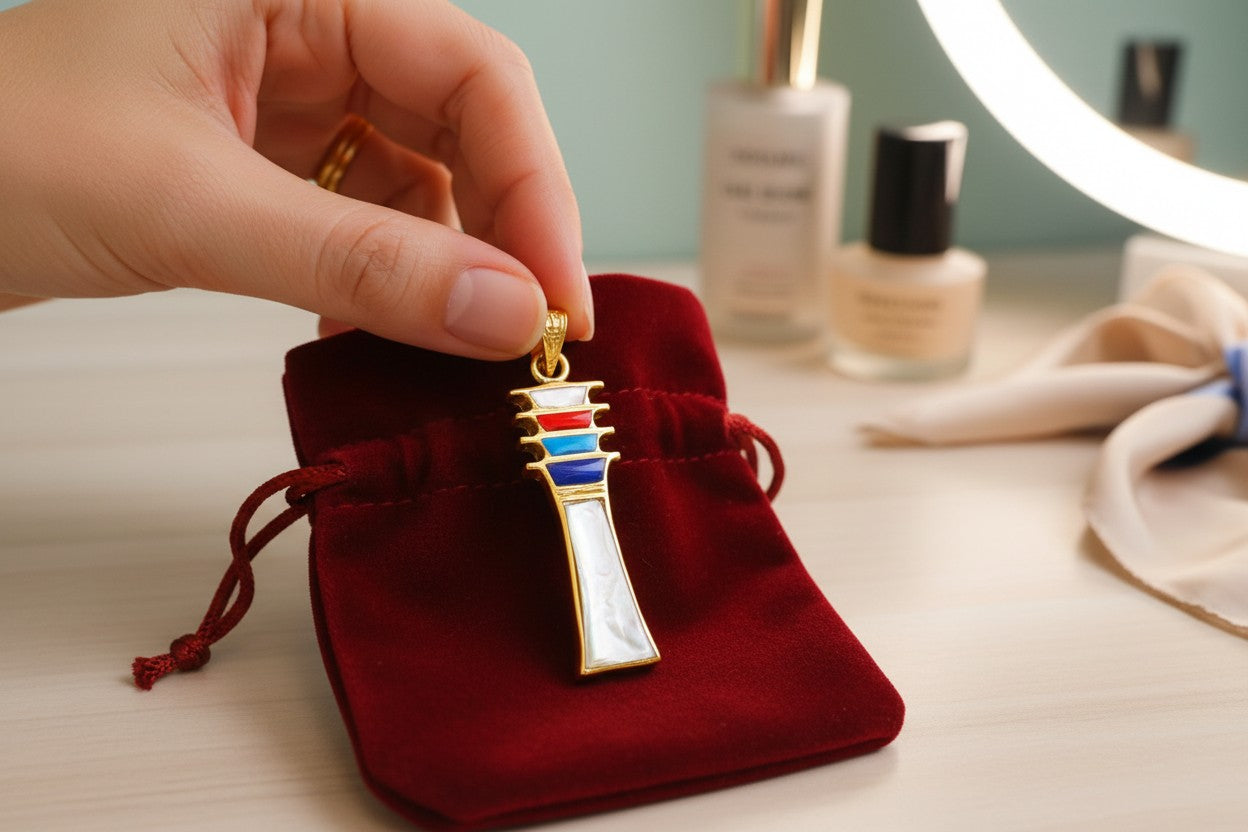 Mother of Pearl Djed Pillar Pendant, Gold Egyptian Revival Necklace