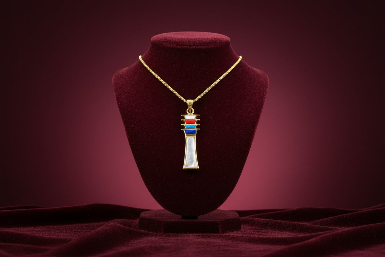 Mother of Pearl Djed Pillar Pendant, Gold Egyptian Revival Necklace