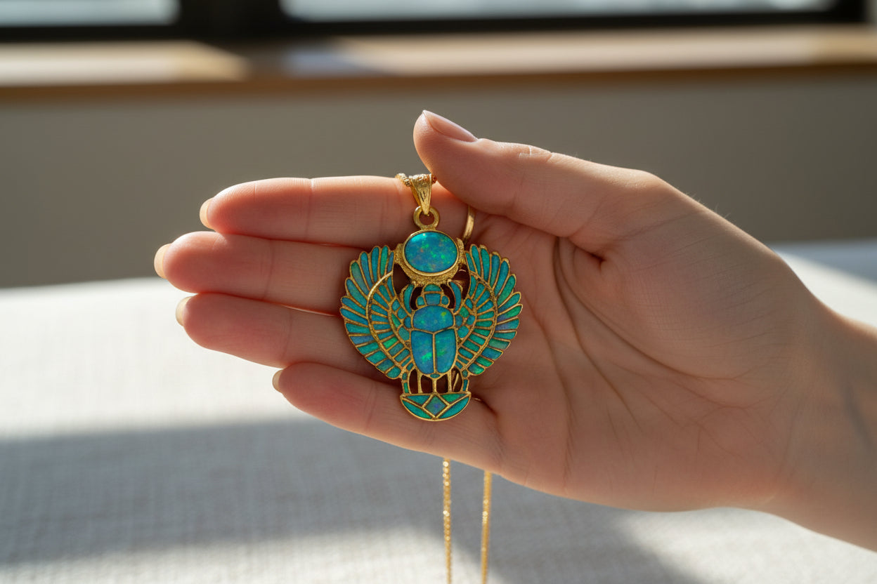 Gold Winged Scarab Pendant, Opal Egyptian Amulet, Talisman Necklace