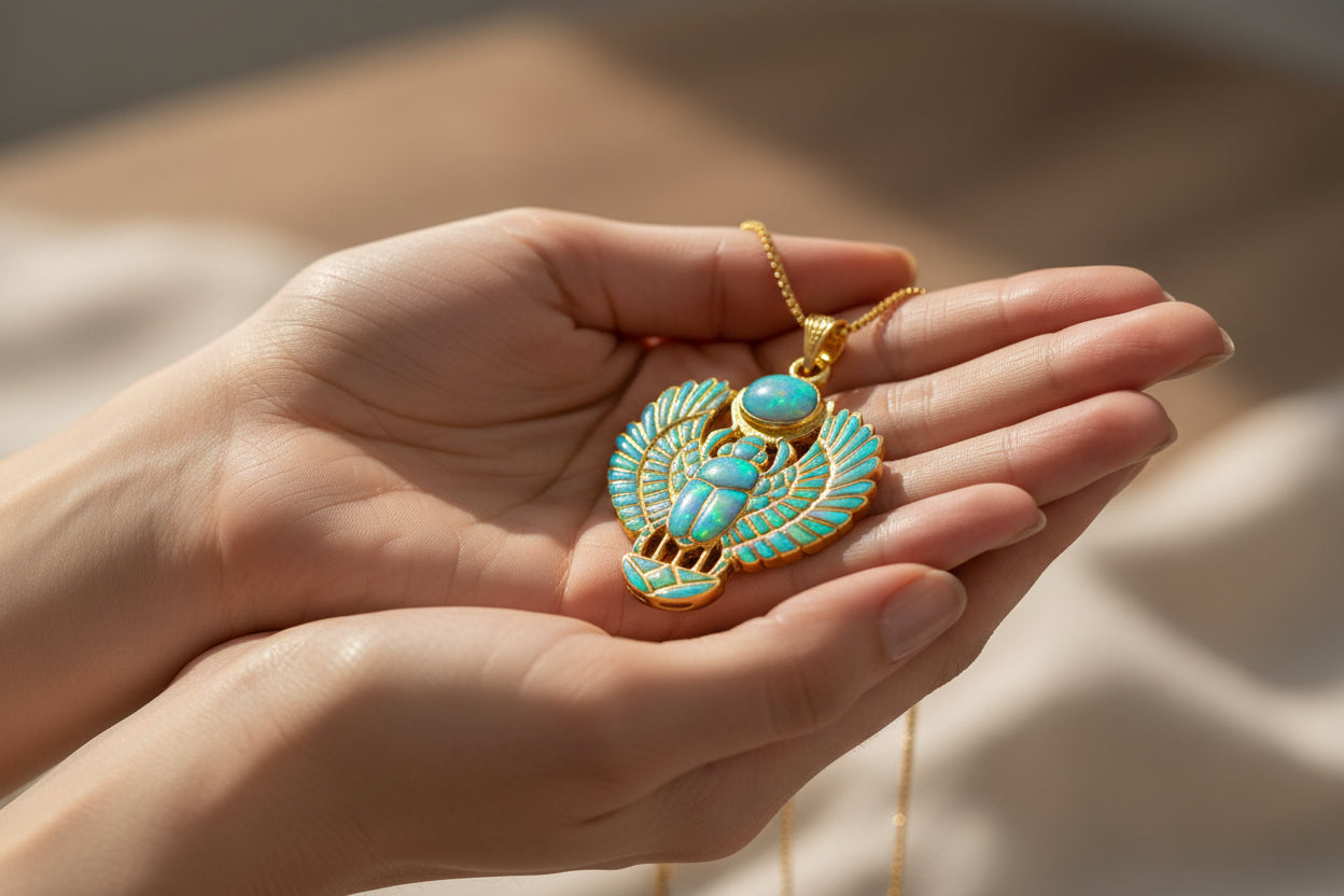 Gold Winged Scarab Pendant, Opal Egyptian Amulet, Talisman Necklace