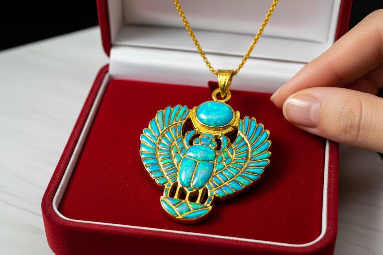 Gold Winged Scarab Pendant, Opal Egyptian Amulet, Talisman Necklace