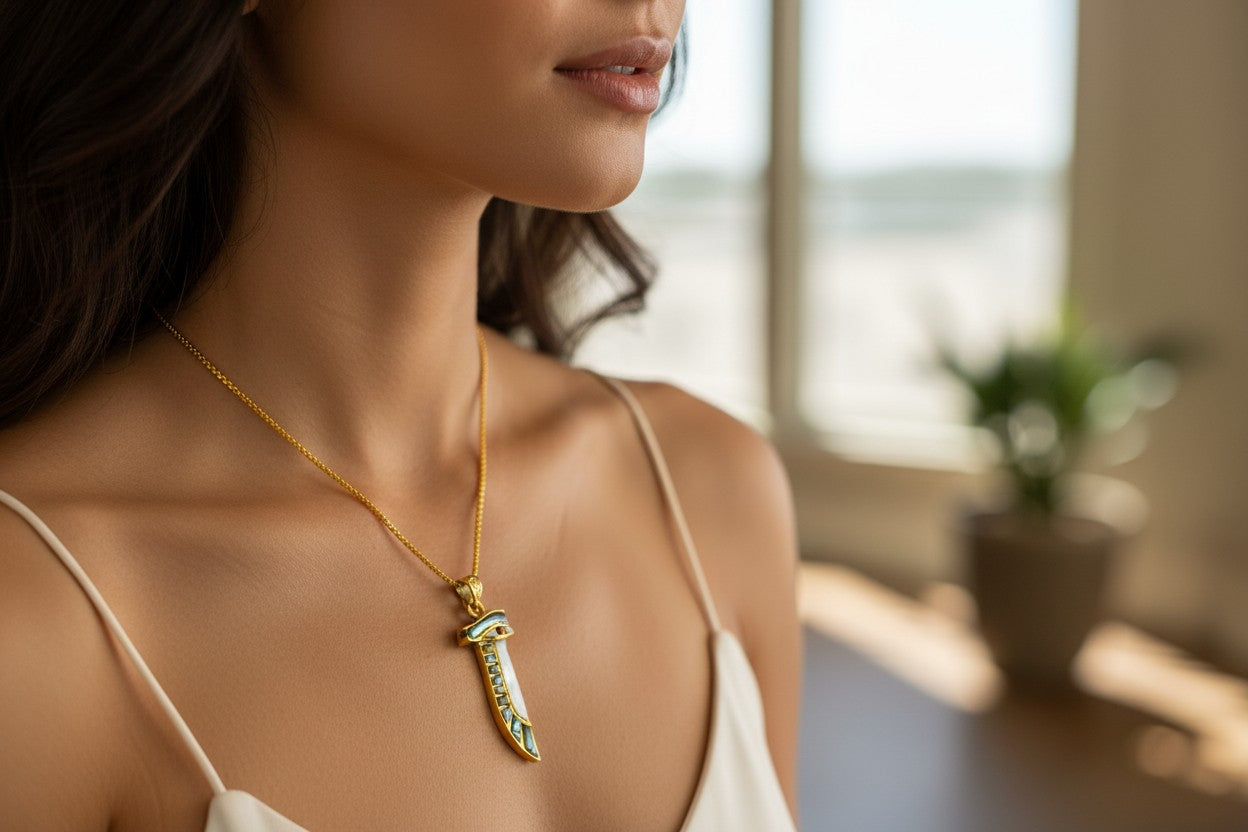 Gold Eye of Horus Necklace, Mother of Pearl Egyptian Pendant
