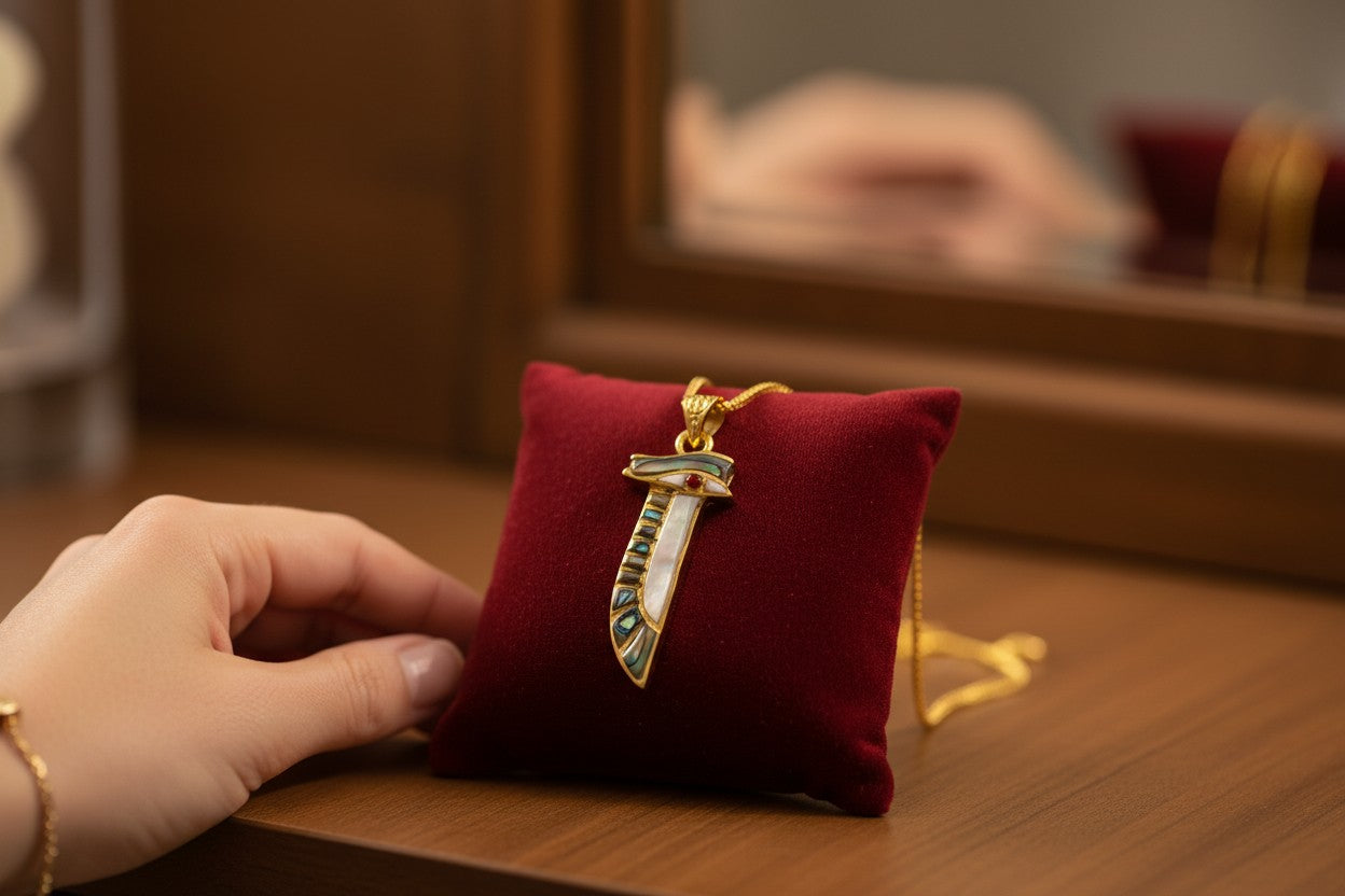 Gold Eye of Horus Necklace, Mother of Pearl Egyptian Pendant